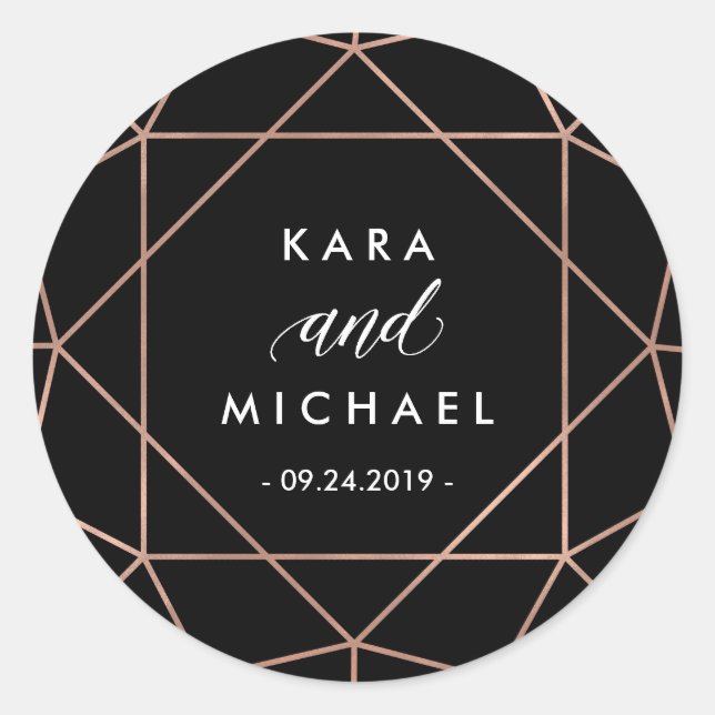 Black Modern Geometric Diamond Wedding Classic Round Sticker (Front)