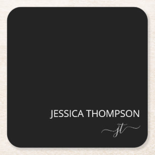 Black Modern Girly White Simple Monogram Name  Tri Square Paper Coaster