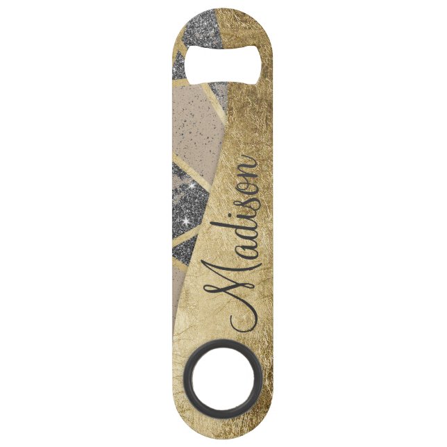 Black Modern Glitter Geo Gold Triangles Monogram (Front)