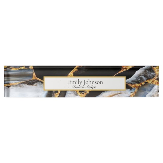black modern glitter gold marble nameplate (Front)