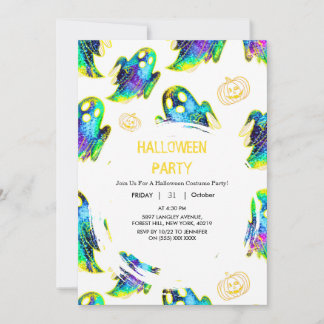 Black | Modern Glitter Pumpkin Ghost Halloween Invitation