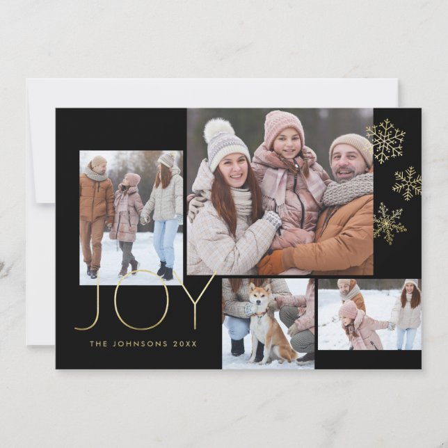 Black Modern Gold Simple Multi-photo Holiday Card (Front)