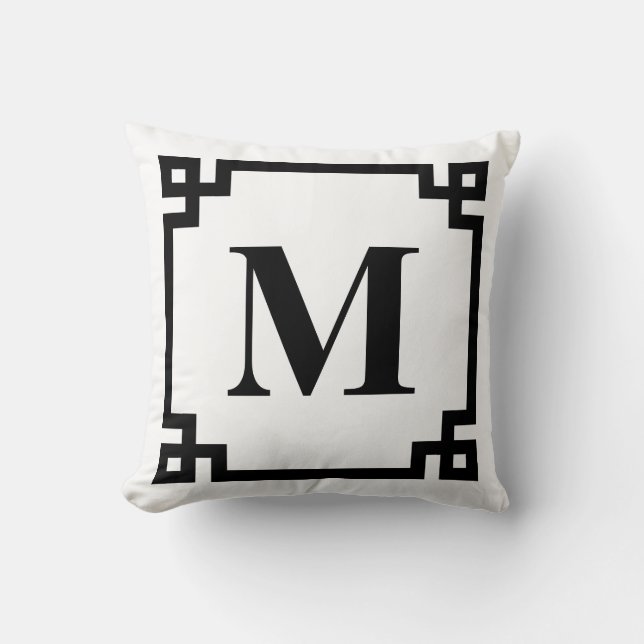 Black Modern Greek Key Border Monogram Cushion (Front)
