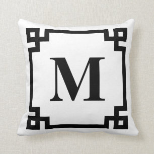 Black Modern Greek Key Border Monogram Cushion