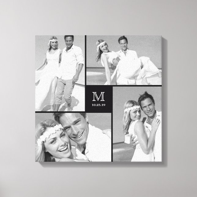 Black Modern Grid Monogram Wedding 4 Photo Collage Canvas Print (Front)