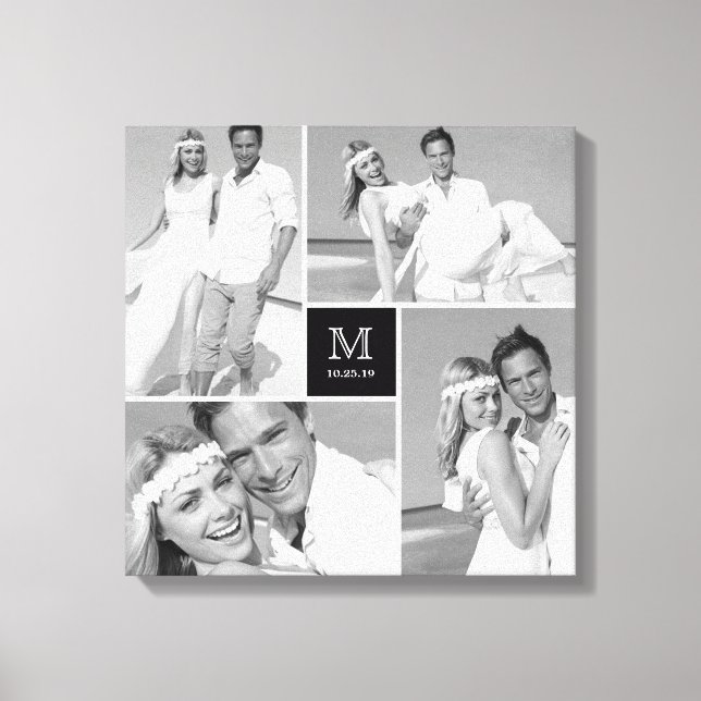 Black Modern Grid Monogram Wedding 4 Photo Collage Canvas Print (Front)