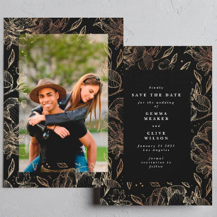 Black Modern Hand Drawn Botanical Wedding Photo Save The Date