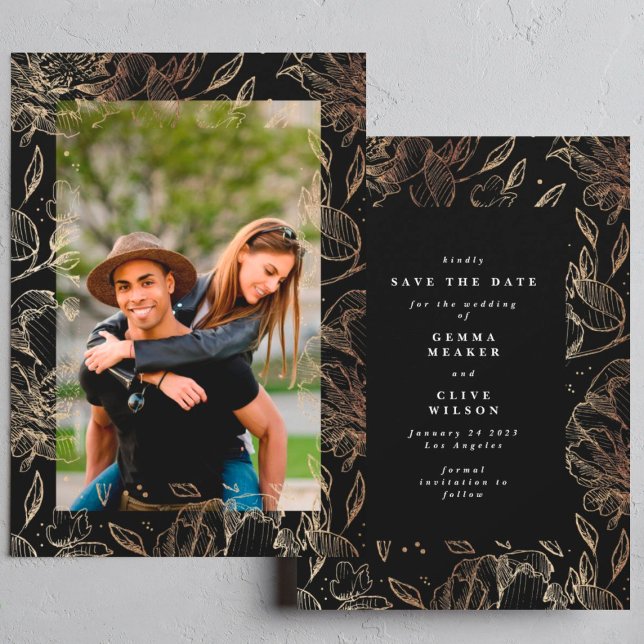 Black Modern Hand Drawn Botanical Wedding Photo Save The Date (Creator Uploaded)