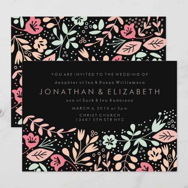 Black Modern Hand drawn Pastel Floral Wedding Invitation (Front/Back)