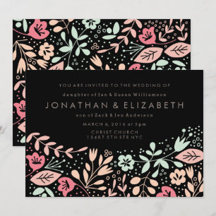 Black Modern Hand drawn Pastel Floral Wedding Invitation