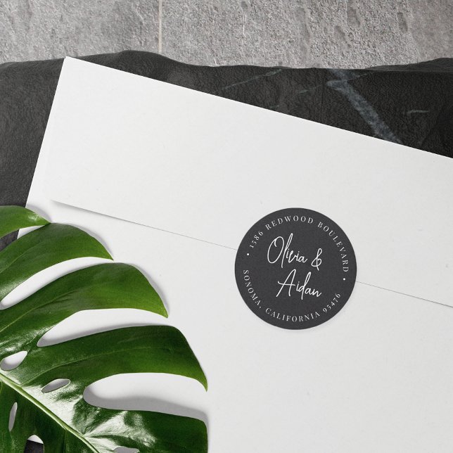 Black | Modern Handwritten Wedding Return Address Classic Round Sticker (Creator Uploaded)