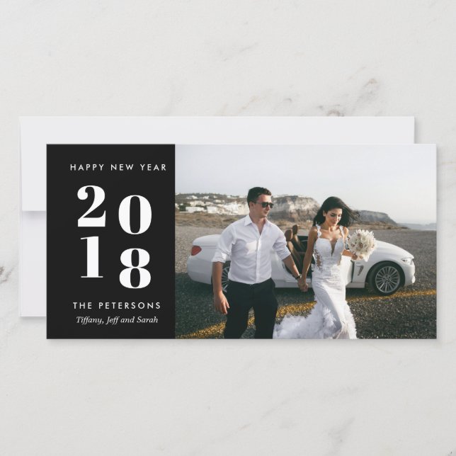 Black Modern Happy New Year Wedding Photo Card (Front)
