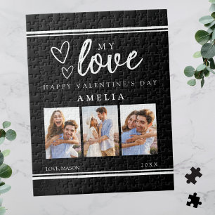 Black Modern Happy Valentine's Photo Collage Jigsaw Puzzle