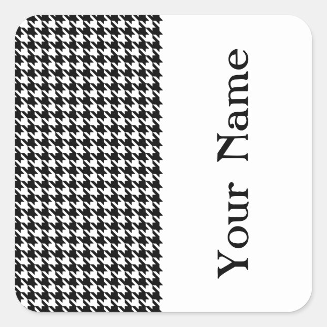 Black Modern Houndstooth with name Square Sticker (Front)