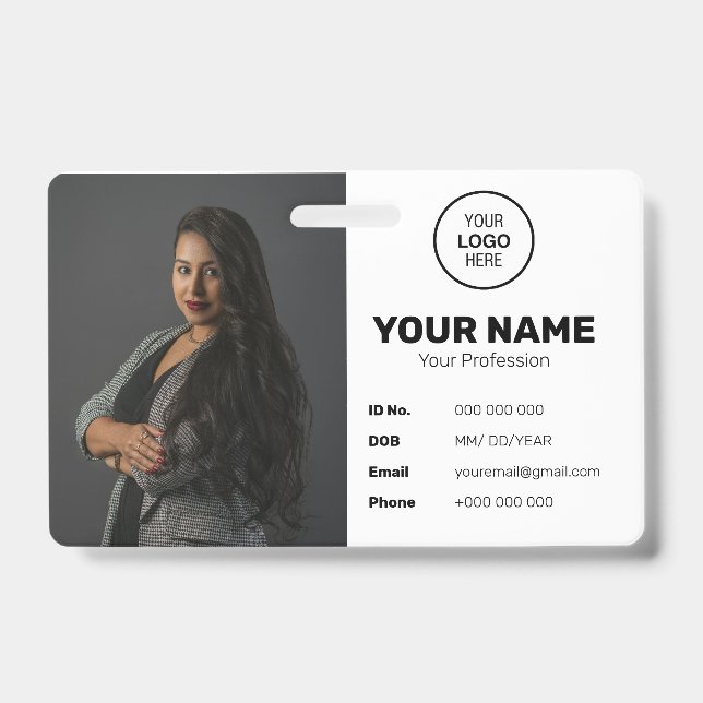 Black Modern Minimal ID Barcode Employee Photo Badge (Front)