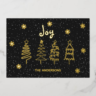 Black Modern Minimal Pine Trees Snow Joy Christmas Foil Holiday Card