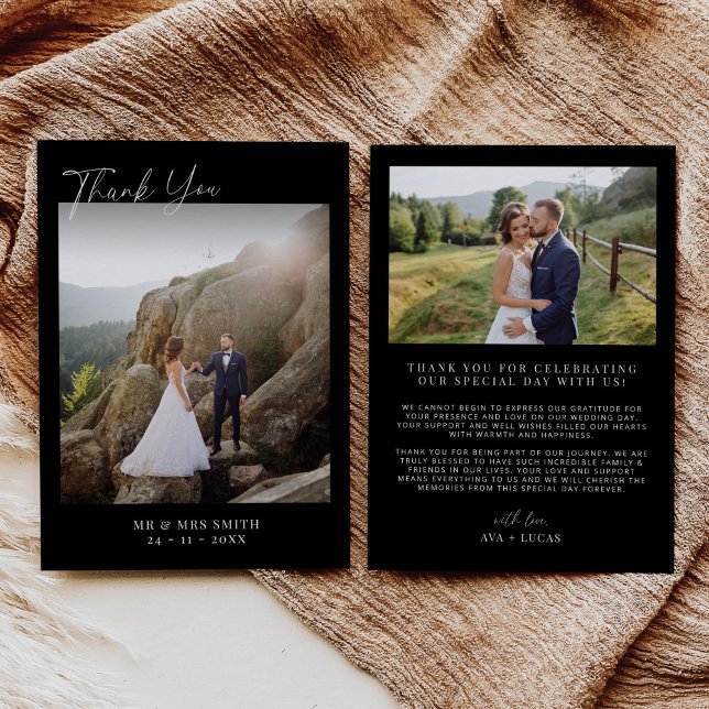 Black Modern Minimalist 2 Photo Wedding Thank You Card (Creator Uploaded)