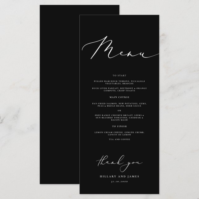 Black Modern Minimalist Calligraphy Wedding Dinner Menu (Front/Back)