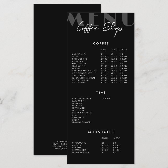 Black Modern Minimalist Coffee Shop Menu (Front/Back)