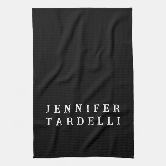 Black Modern Minimalist Elegant Your Name Tea Towel (Vertical)