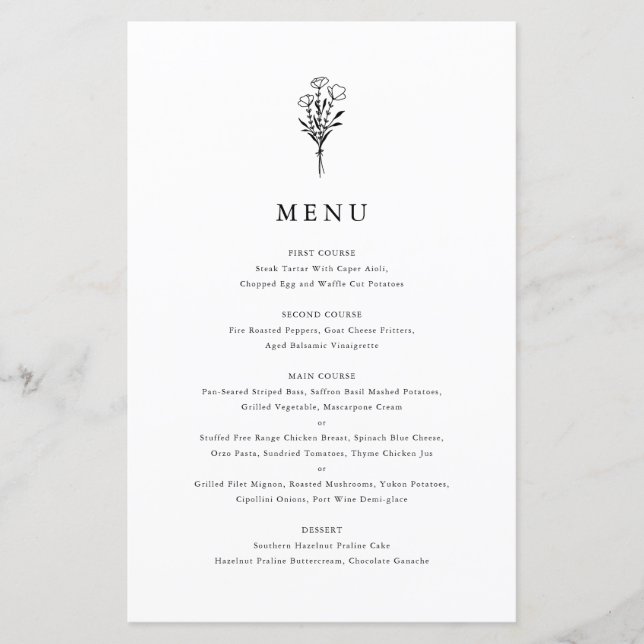 Black Modern Minimalist Floral Bouquet Menu Card (Front)