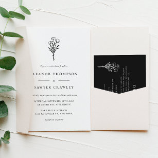 Black Modern Minimalist Floral Bouquet Wedding Invitation