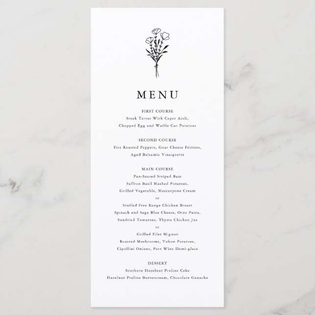 Black Modern Minimalist Floral Bouquet Wedding Menu (Front)