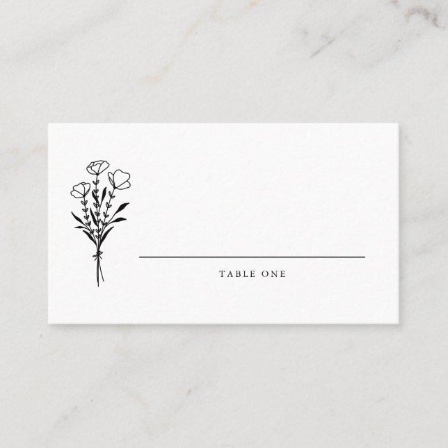 Black Modern Minimalist Floral Bouquet Wedding  Place Card (Front)