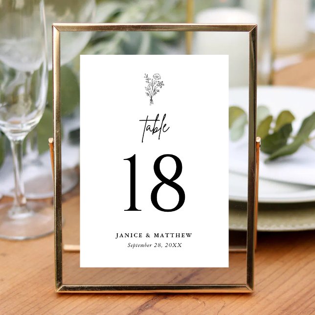 Black Modern Minimalist Floral Bouquet Wedding Table Number (Creator Uploaded)