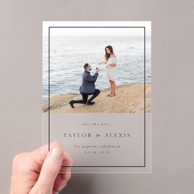 Black Modern Minimalist Frame Photo Acrylic Invitations (Insitu (Handheld))