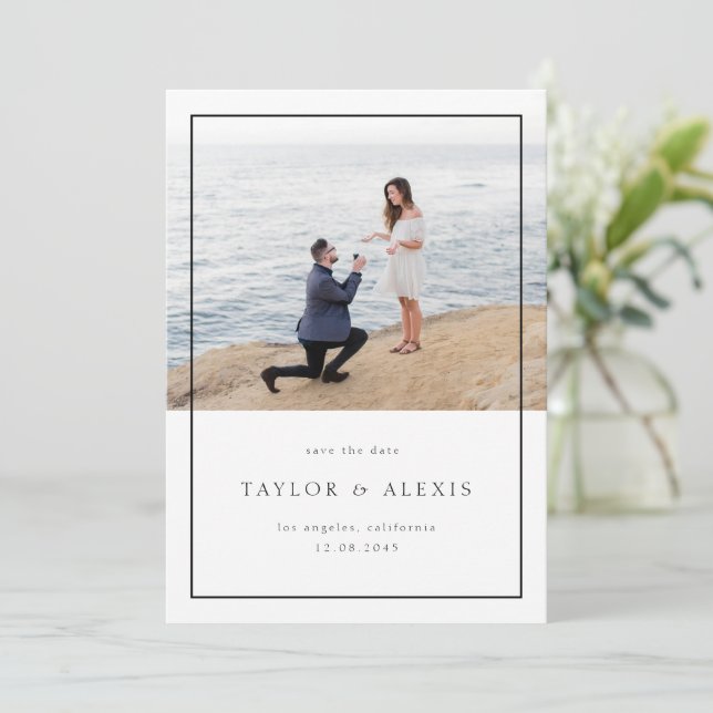 Black Modern Minimalist Frame Photo Save The Date (Standing Front)