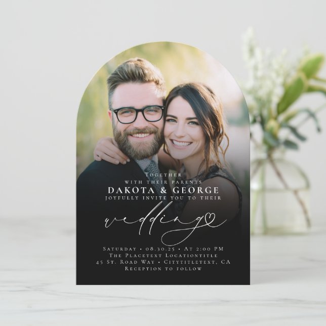 Black Modern Minimalist Heart Script Wedding Photo Invitation (Standing Front)