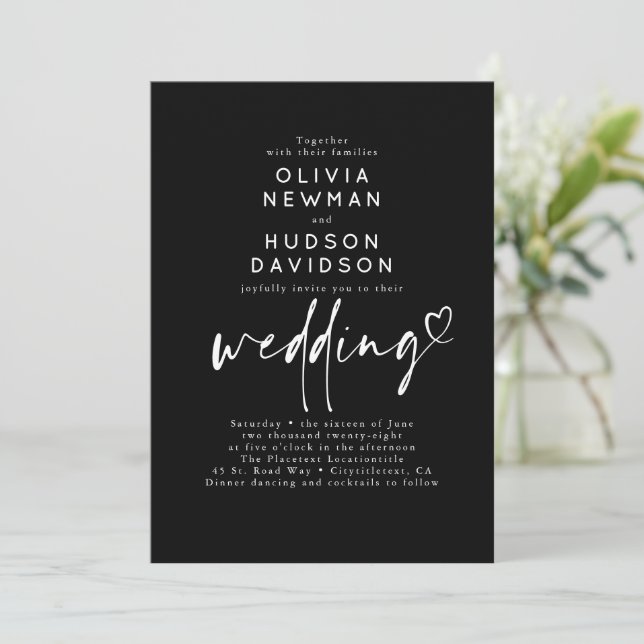 Black Modern Minimalist Heart Typography Wedding Invitation (Standing Front)