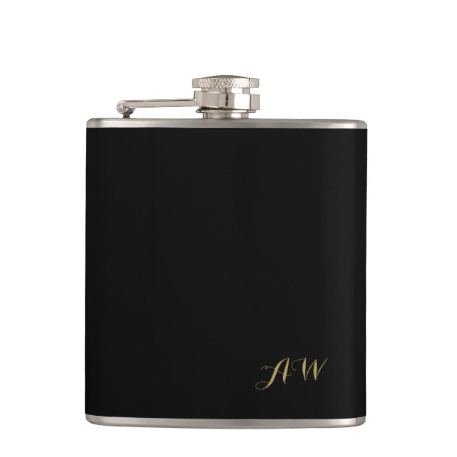 Black Modern Minimalist Monogram Hip Flask (Front)