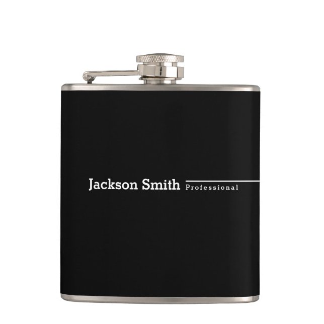 Black modern minimalist personalised name hip flask (Front)