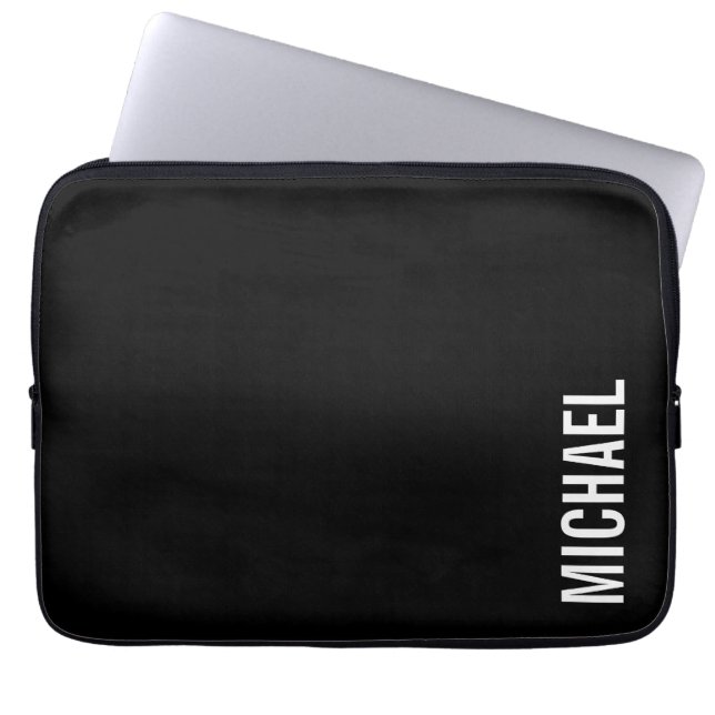 Black Modern Minimalist Personalised Name Laptop Sleeve (Front)