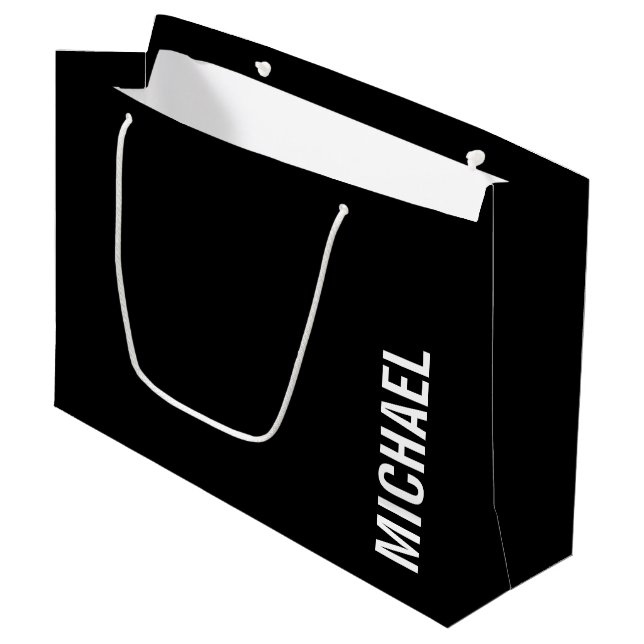 Black Modern Minimalist Personalised Name Large Gift Bag (Front Angled)