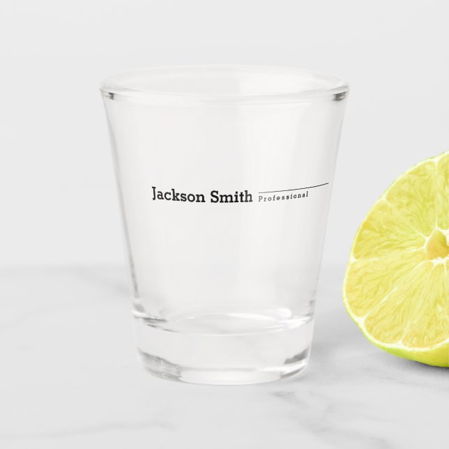 Black modern minimalist personalised name shot glass (Front)