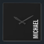 Black Modern Minimalist Personalised Name Square Wall Clock<br><div class="desc">Modern Minimalist Design featuring personalised name in white modern bold sans serif font style on black background.</div>