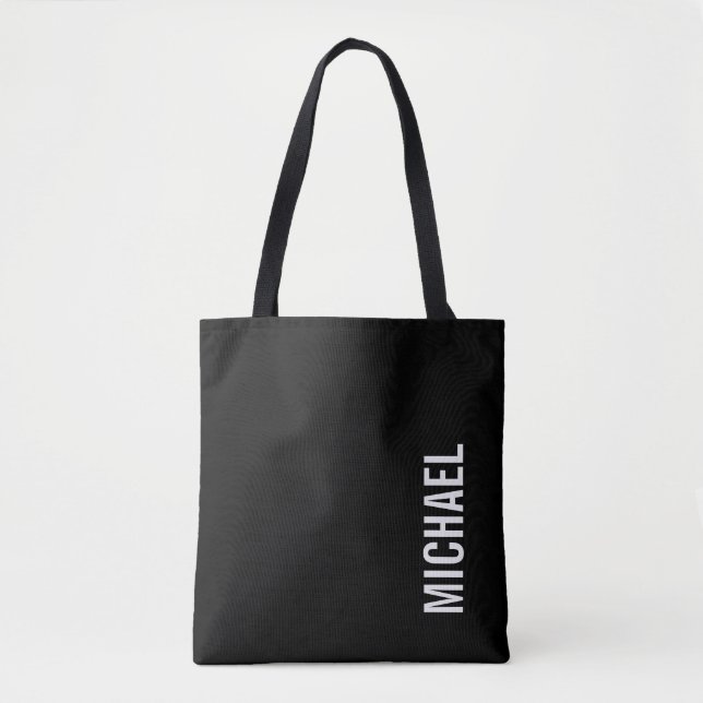 Black Modern Minimalist Personalised Name Tote Bag (Front)