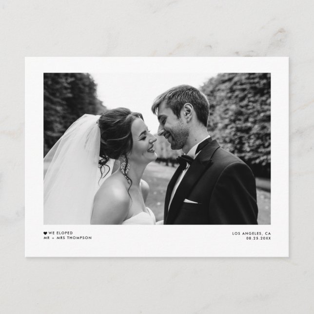 Black Modern Minimalist Photo Wedding Elopement Announcement Postcard (Front)
