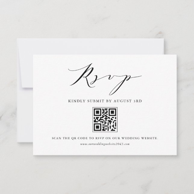 Black Modern Minimalist Script Wedding QR Code RSVP Card (Front)