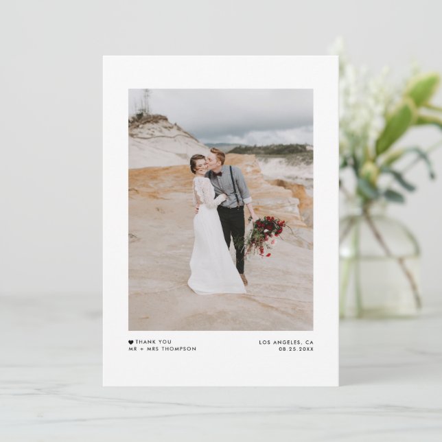 Black Modern Minimalist Typography Photo Wedding Thank You Card (Standing Front)