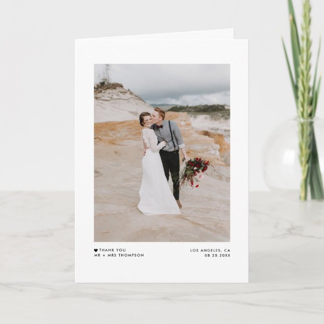 Black Modern Minimalist Typography Photo Wedding Thank You Card (Front)