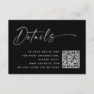 Black Modern Minimalist Wedding Details QR Code Enclosure Card