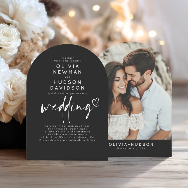 Black Modern Minimalist Wedding Photo Arch Invitation (Minimalist Black Wedding Photo Invitation)