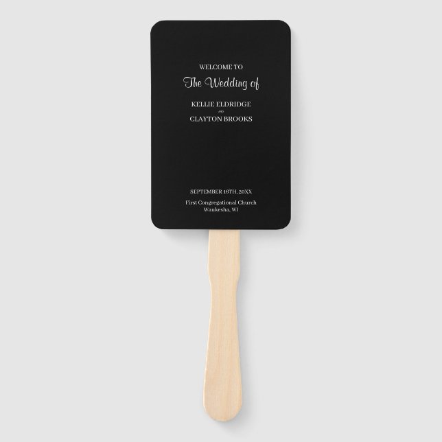 Black Modern Minimalist Wedding Program Hand Fan (Front)