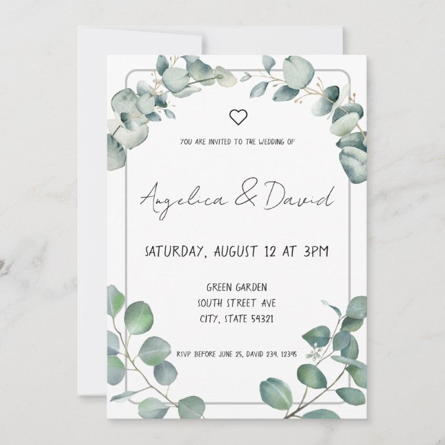 Black Modern minimalistic green Eucalyptus Wedding Invitation (Front)