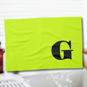Black Modern Monogram   Neon Lime Yellow    Tea Towel