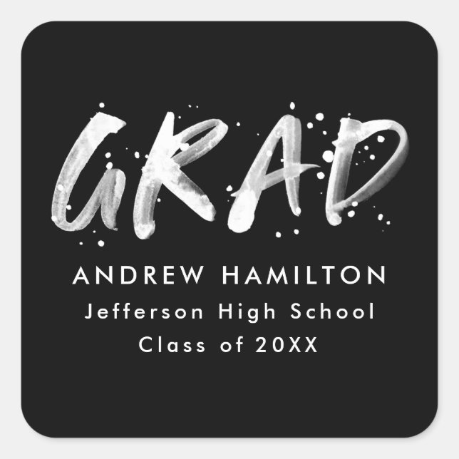 Black | Modern Paint Splatter Graduation Square Sticker (Front)